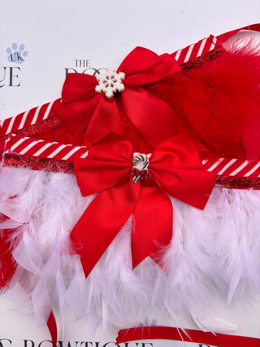 🍬 Candy Cane Feather Frill Collar with Long Ribbon Tie 🎀✨