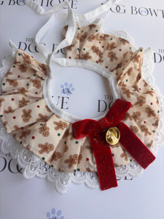 🍪 Gingerbread Festive Frill Collar with Red Velvet Bow & Bell 🎄✨