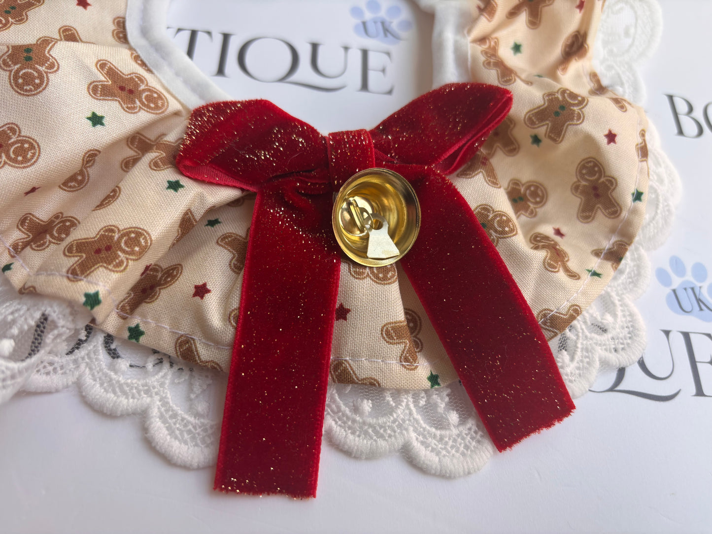 🍪 Gingerbread Festive Frill Collar with Red Velvet Bow & Bell 🎄✨