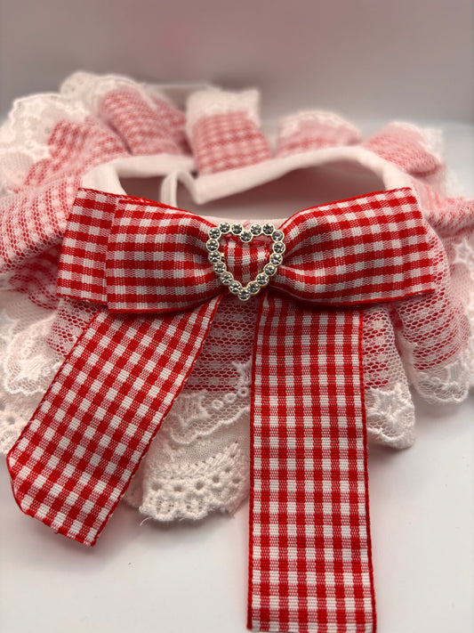 Gingham red heart frill collar